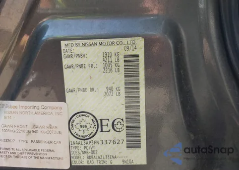 2015 Nissan Altima 2.5/2.5 S/2.5 Sl/2.5 Sv from USA, damaged, VIN 1N4AL3AP3FN337627